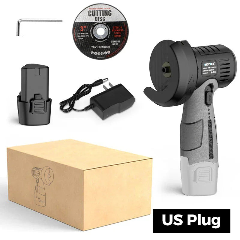 Cordless mini angle grinder tool kit with cutting disc, charger, battery, and US plug from clarioy.