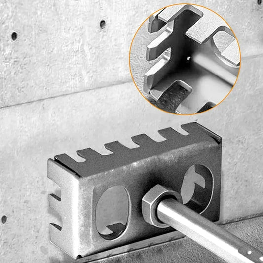 Heavy-duty metal rebar bender tool for concrete work, close-up of grooved head in use