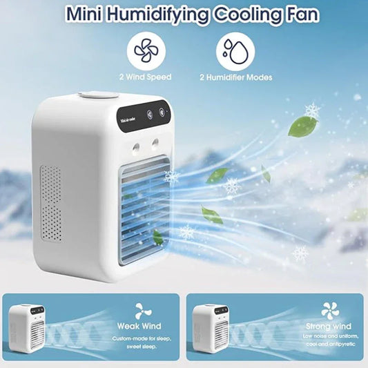 clarioy mini humidifying cooling fan with adjustable wind speed and humidifier modes, shown in white