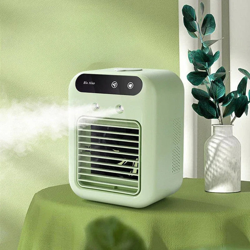 Compact green portable air cooler on table, modern home decor, clarioy premium electronics