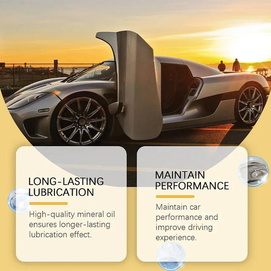 Luxury sports car with open door at sunset, Clarioy long-lasting auto lubrication and performance benefits highlighted.
