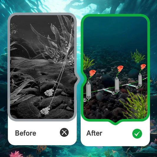 Underwater scene showing before and after: tangled debris versus clean ocean floor with planted devices.