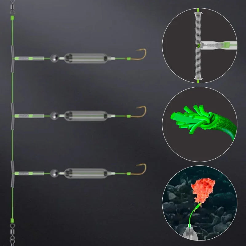 Fishing rig with green line, three baited hooks, close-ups of hook attachment and lure details