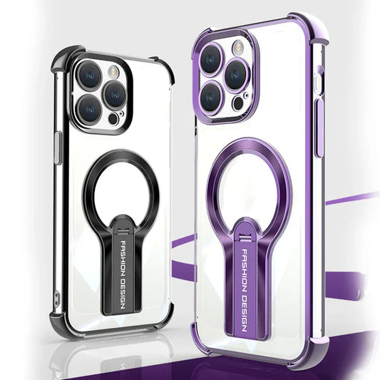 Clear iPhone cases with black and purple ring stands, durable phone accessories at clarioy.