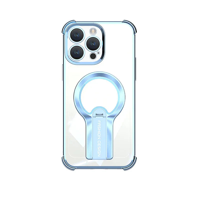 Clear iPhone case with blue ring stand, protective corners, and metallic camera trim, clarioy