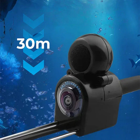 Underwater camera device for fishing, rated for 30m depth, shown in ocean scene, premium auto tool from clarioy