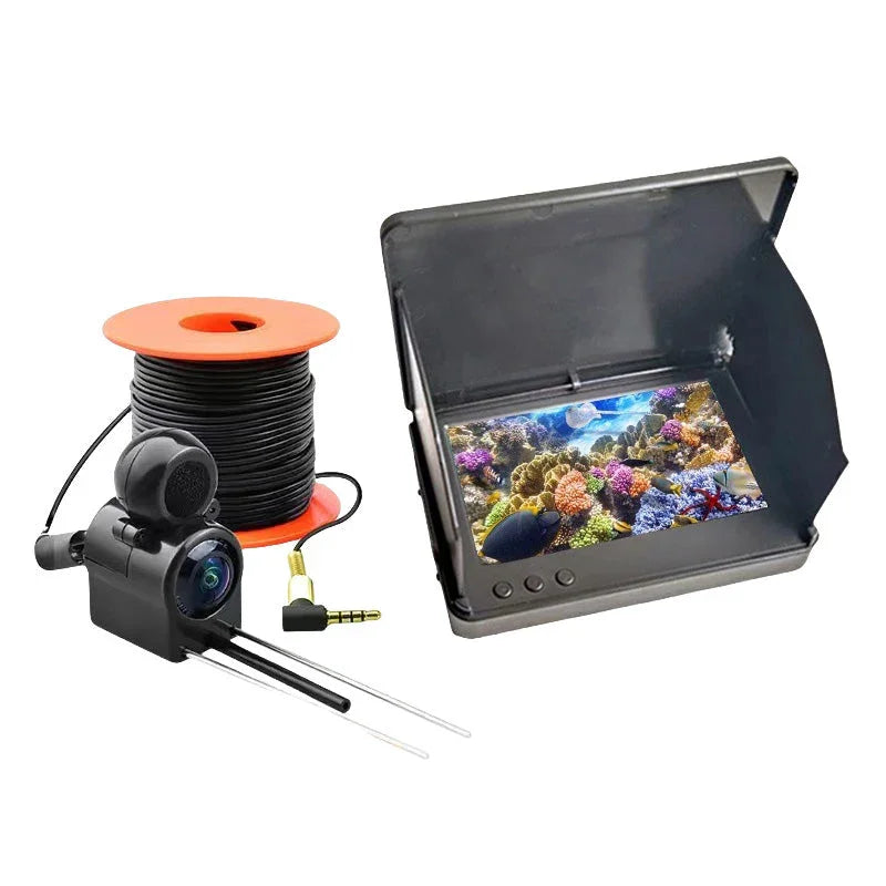 Underwater fishing camera kit with cable spool and LCD monitor showing coral reef, clarioy auto tool.