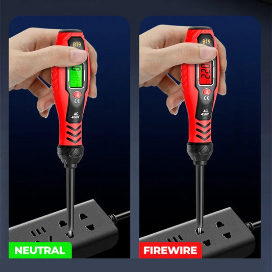 Digital voltage tester screwdriver detecting live and neutral wires in a power strip, clarioy auto tool