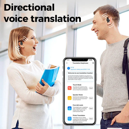Two people using wireless translation earbuds, translation app open on smartphone, clarioy auto tool electronics
