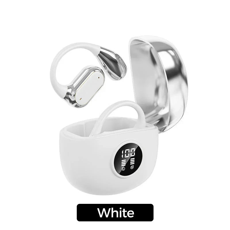 White wireless earbuds with charging case and digital display, premium electronics by clarioy