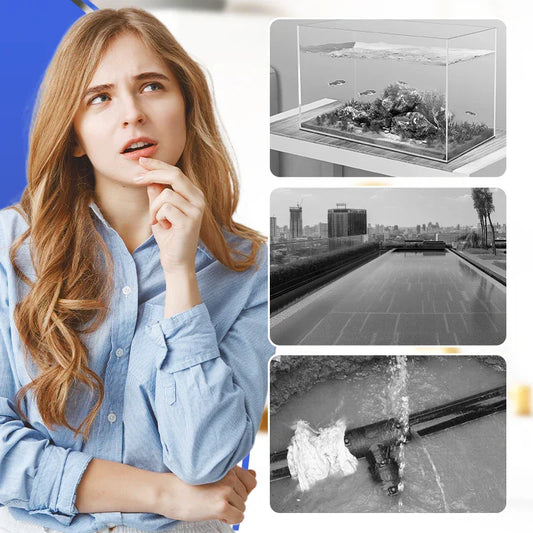 Woman thinking with images of aquarium, rooftop, and pipe leak, clarioy premium homeware focus