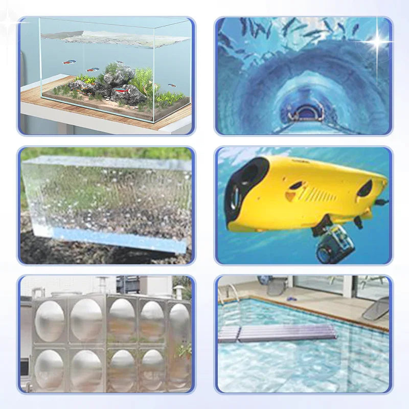Collage of aquarium, underwater tunnel, clear block, yellow underwater drone, metal tank, and swimming pool, showcasing homeware and electronics at clarioy.