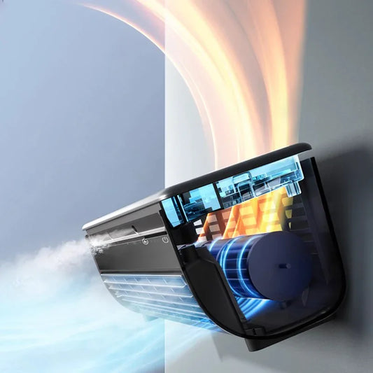 Wall-mounted air conditioner with airflow illustration, premium homeware electronics from clarioy