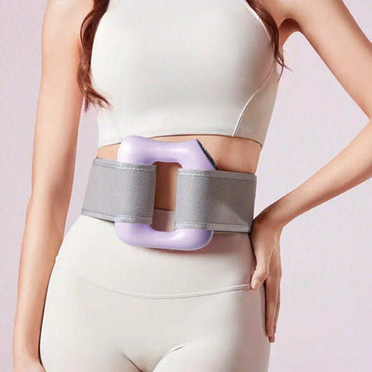 Woman wearing a fitness waist belt with a purple massager, activewear, clarioy lifestyle product