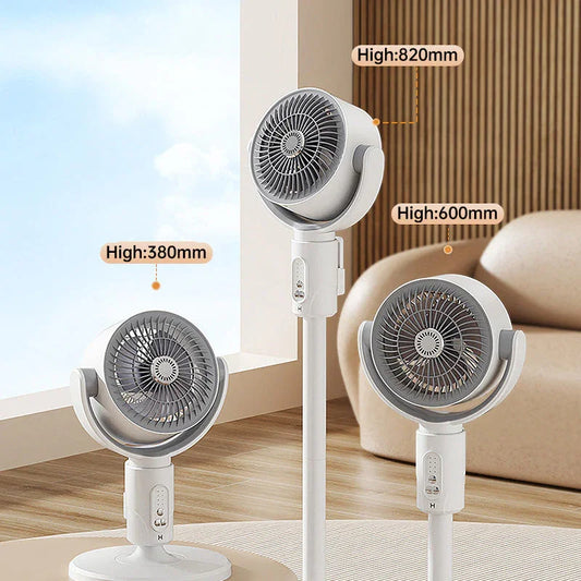 Adjustable white oscillating fans at 380mm, 600mm, 820mm heights in modern living room