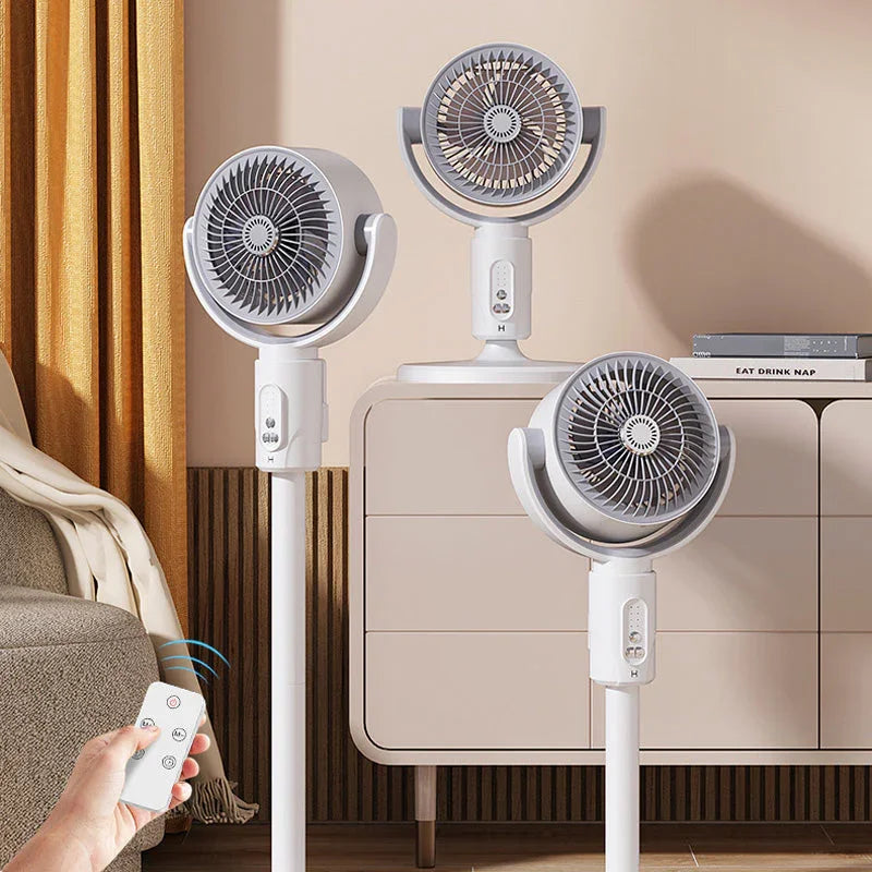 Modern white oscillating fans with remote control in a home setting, Clarioy electronics