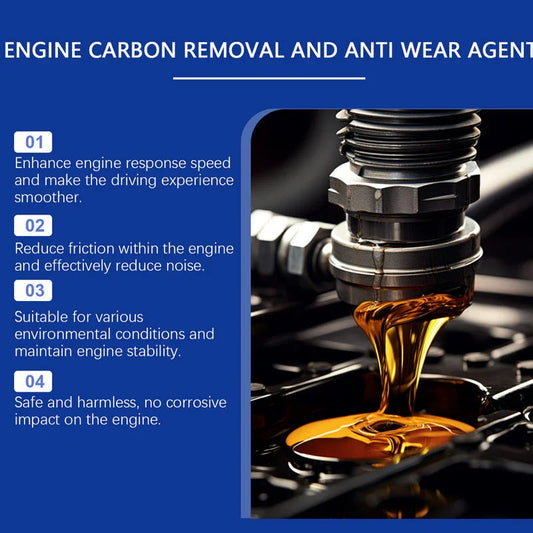 Engine carbon removal and anti-wear agent oil being poured, highlighting auto tool benefits.
