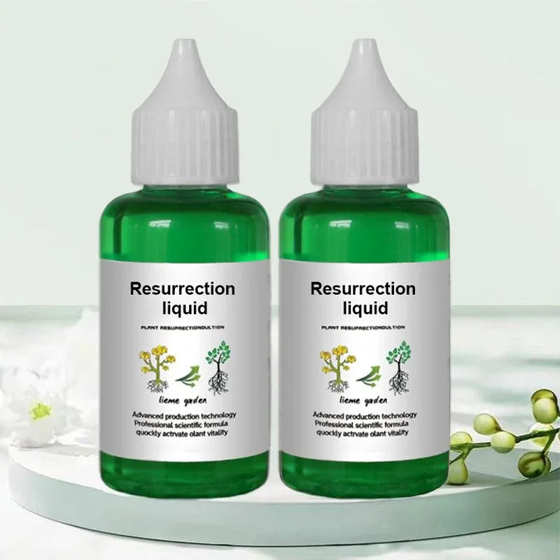 Two green bottles labeled Resurrection Liquid plant revitalizer on a white platform, homeware product