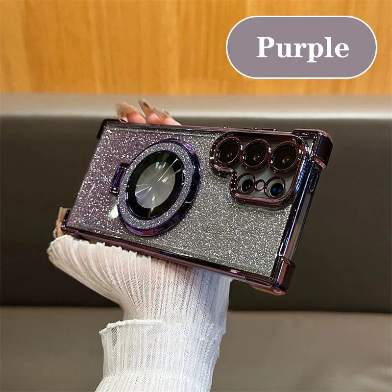 Purple glitter phone case with ring holder and camera protection, held by hand, clarioy homeware