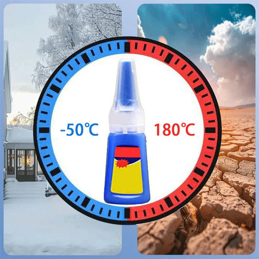 clarioy strong adhesive glue bottle displayed with temperature durability range from -50°C to 180°C, winter snow scene on left and dry cracked earth on right