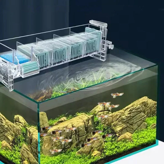 Premium aquarium filter installed on a fish tank with rocks, plants, and small fish, clarioy homeware