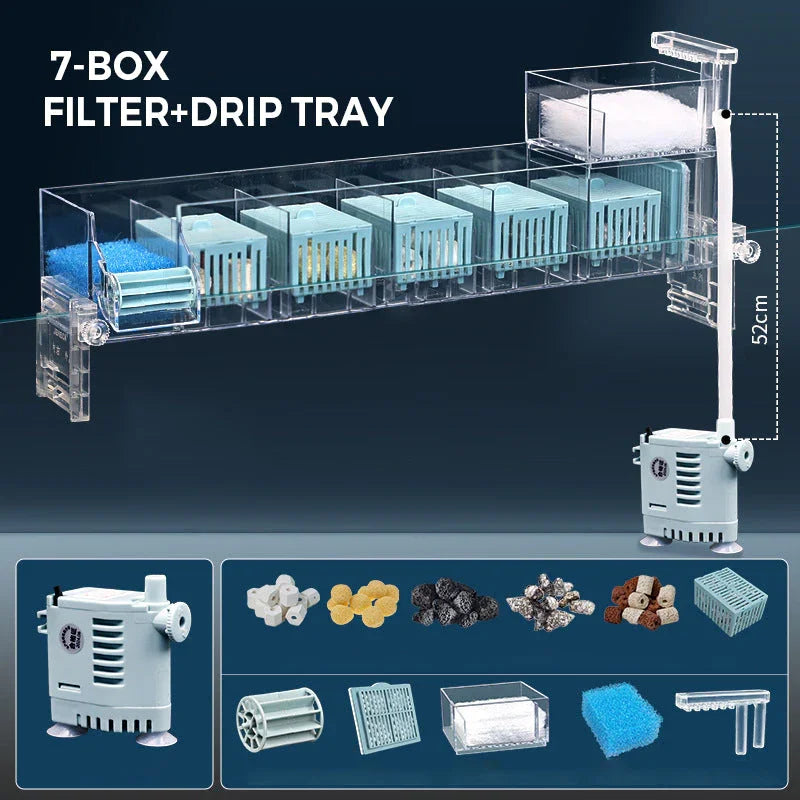 7-box aquarium filter with drip tray, pump, and filtration media, ideal for home aquariums