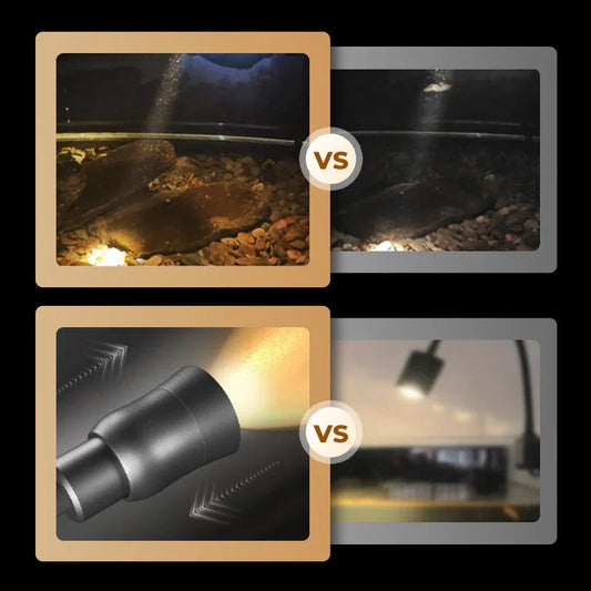 Comparison of premium aquarium LED light vs standard light, showing brighter and clearer underwater scene from clarioy