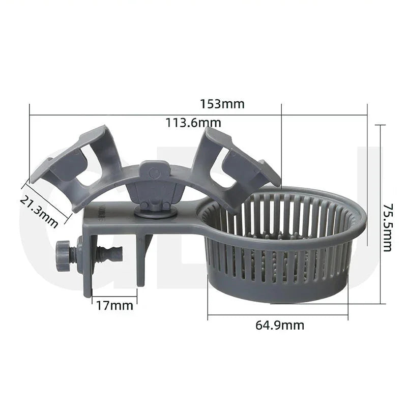 Gray plastic multi-purpose homeware holder with basket and clamp, labeled dimensions, clarioy