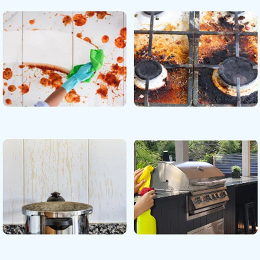 Cleaning kitchen grease, dirty stove, stained backsplash, outdoor grill with cleaning supplies