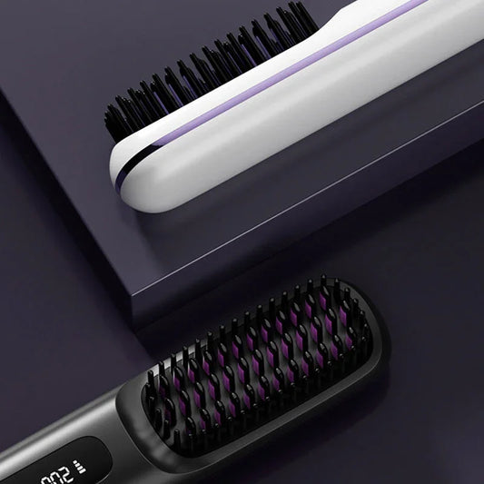 Dual-color electric hair straightening brushes with digital display on purple background, clarioy homeware