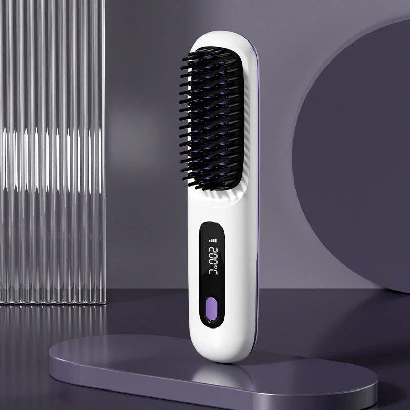 White digital electric hair straightening brush with temperature display on a modern purple background