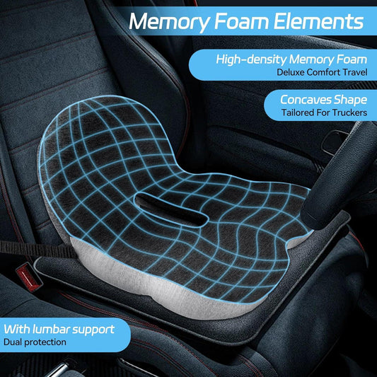 Memory foam car seat cushion with ergonomic design and lumbar support on a black car seat.