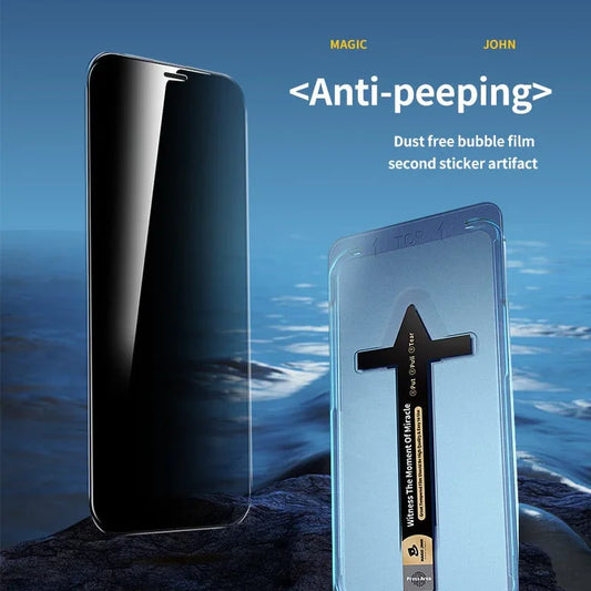 Anti-peeping iPhone screen protector with dust-free bubble film and installation tool, on a blue background.