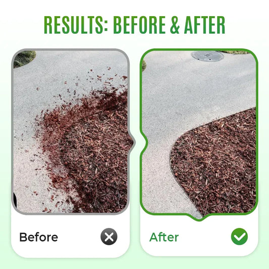 Before and after comparison of swept sidewalk edge with mulch, showcasing clean landscaping results.