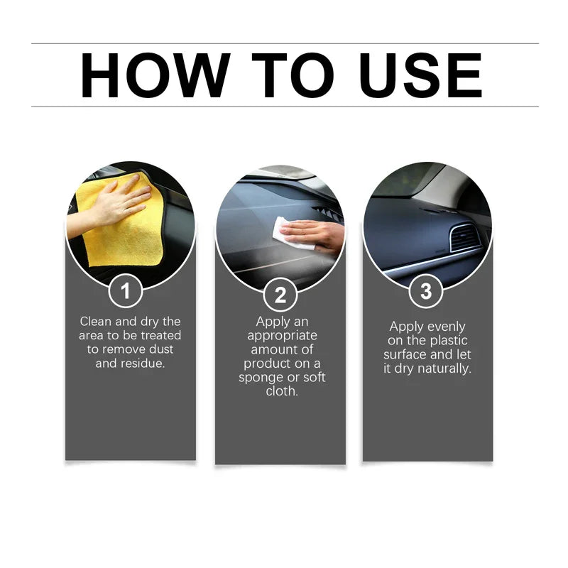 How to use clarioy auto cleaning product on car dashboard, step-by-step instructions with visuals.
