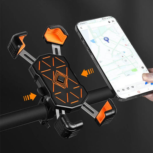 Adjustable black and orange bike phone holder with smartphone displaying a map, clarioy auto accessory