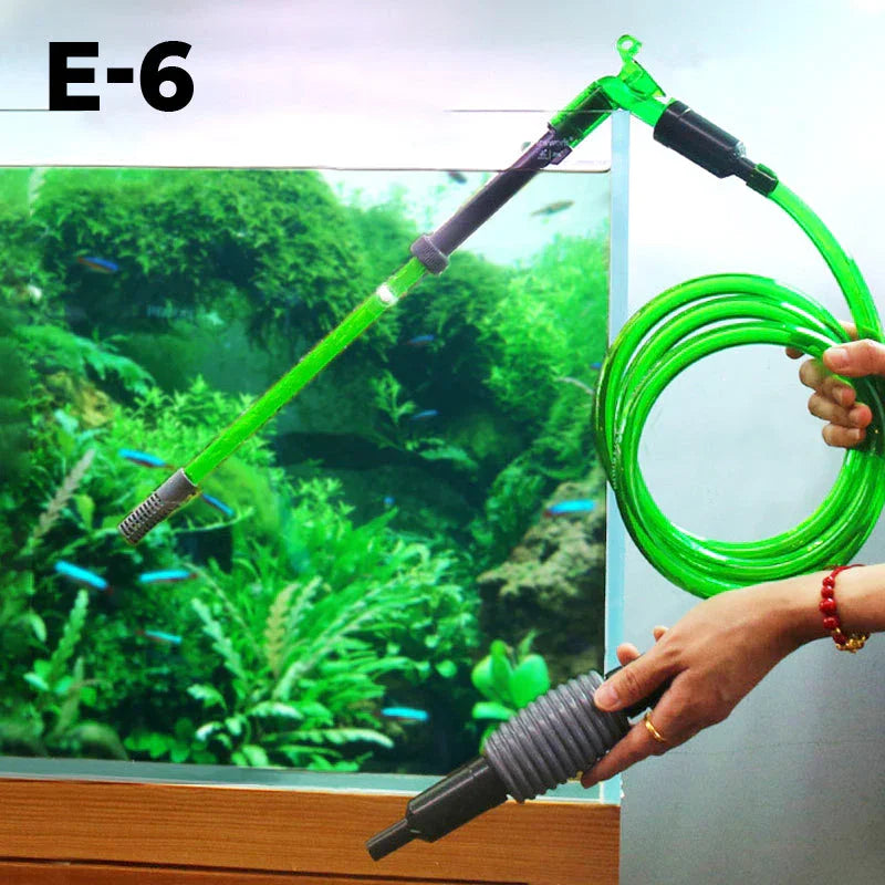 Green aquarium gravel cleaner siphon tool E-6 in use for fish tank maintenance