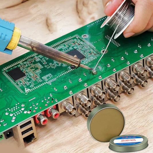Soldering a green circuit board with solder paste tin, premium auto electronics tool from clarioy