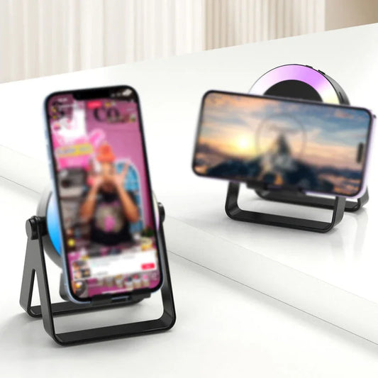 Wireless phone mount with adjustable stand and LED light on white desk, ideal for streaming