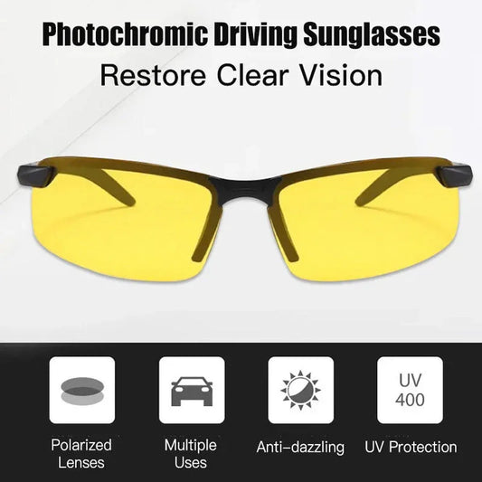 Photochromic driving sunglasses with yellow polarized lenses, UV protection, and anti-glare features from clarioy.
