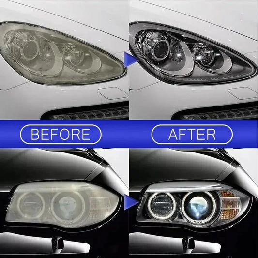 Before and after image showing restored clear car headlights, ideal for premium auto tools at clarioy.