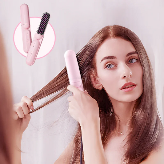 Woman using pink portable hair straightener brush, clarioy premium homeware tool