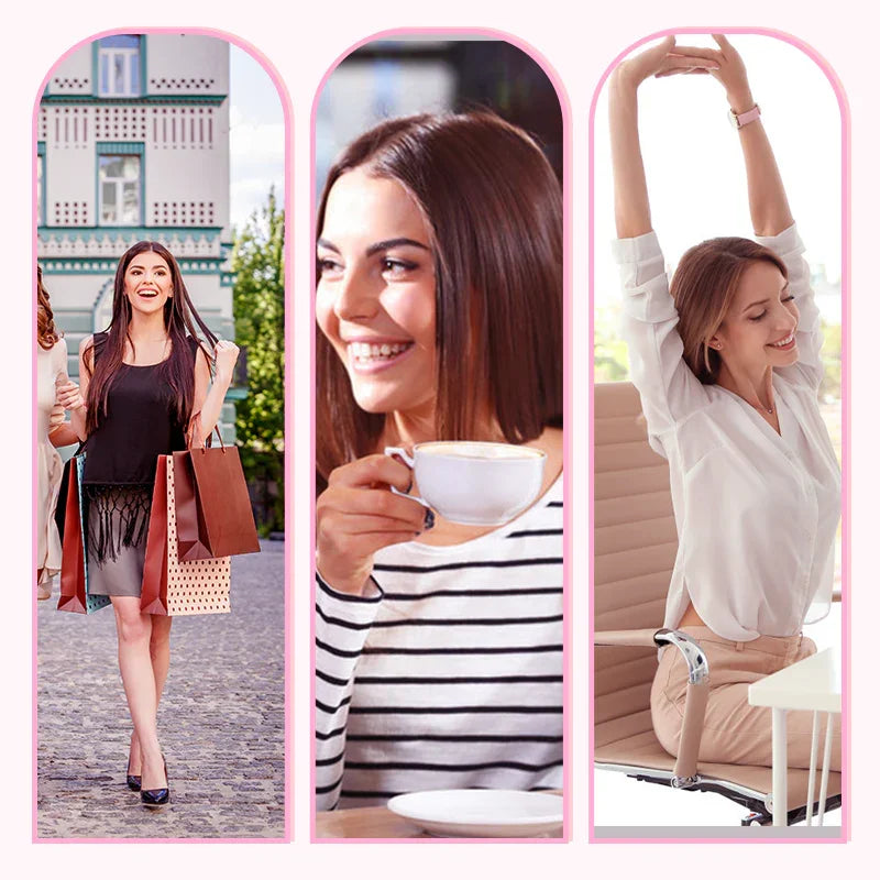 Three women shopping, drinking coffee, and relaxing at home; lifestyle moments for clarioy.