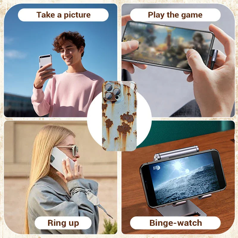 Clarioy phone case with rustic design shown in use for photos, gaming, calling, and streaming.