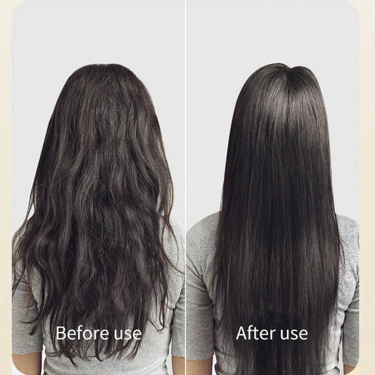 Before and after comparison showing hair transformation from frizzy to smooth and straight