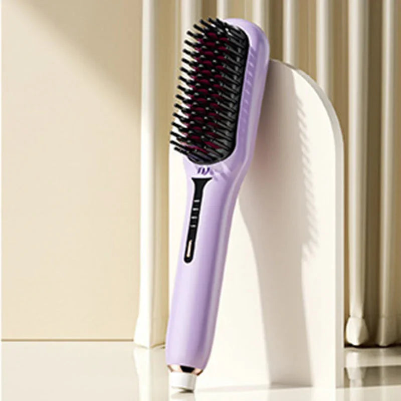 Purple electric hair straightening brush on modern beige background, clarioy homeware