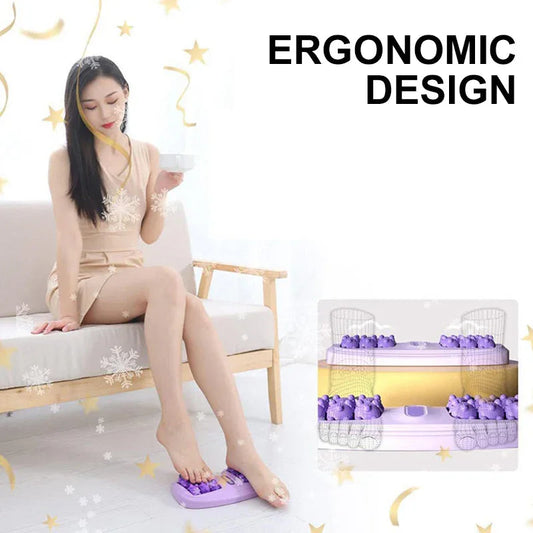 Woman using ergonomic foot massager at home, relaxing on sofa with coffee, clarioy homeware