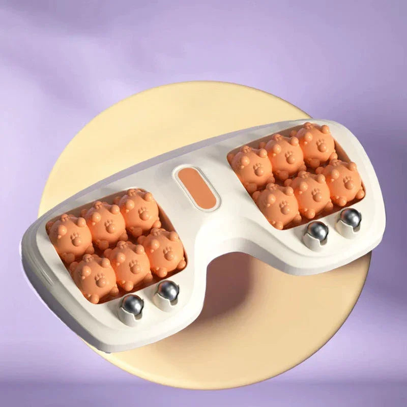 Clarioy premium eye massager with bear-shaped massage nodes and rollers, pastel background