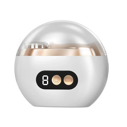 Clarioy premium wireless earbuds in a white round charging case with LED display