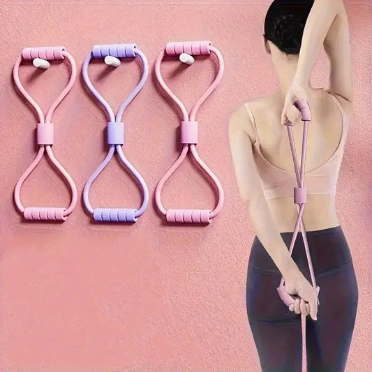 Woman using pink resistance stretch band for fitness, with three stretch bands on wall, clarioy homeware tool.